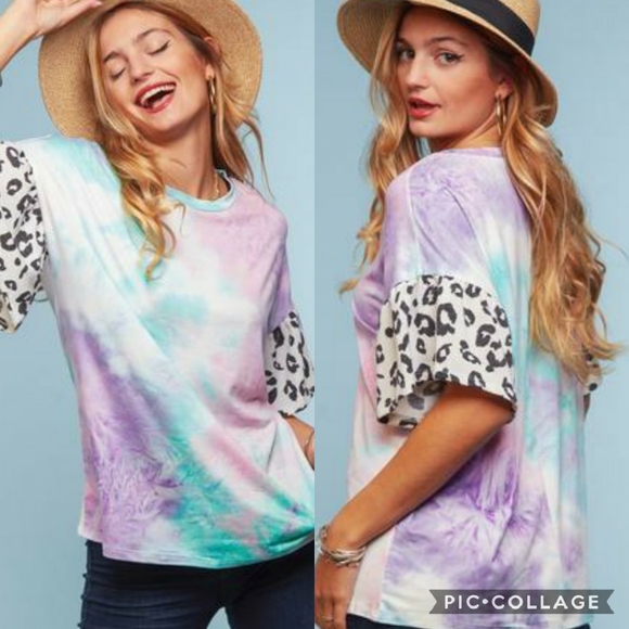 Sweetbb Tops - Tye dye leopard sleeve  Top